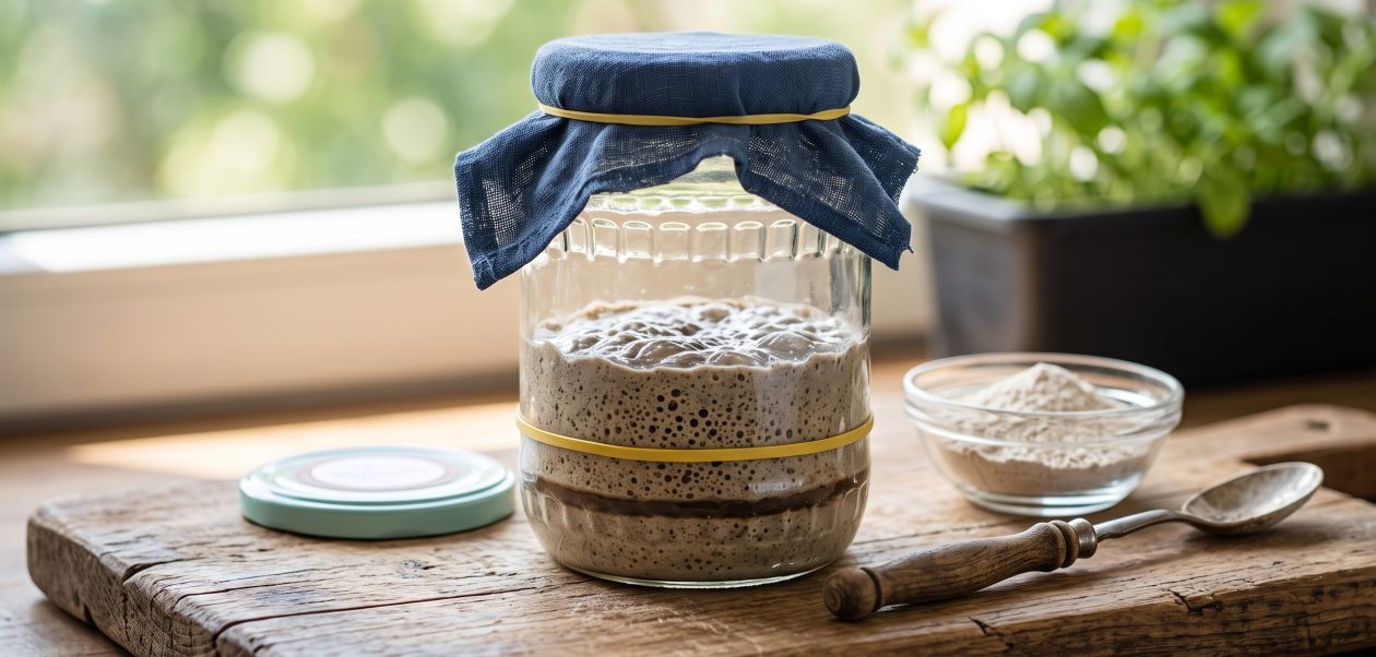 Ein Glas mit selbst angesetztem Roggensauerteig, der aktiv blubbert - ideal zum Sauerteig ansetzen.