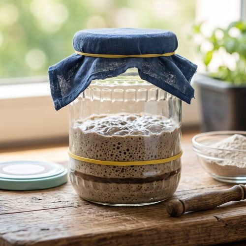 Ein Glas mit selbst angesetztem Roggensauerteig, der aktiv blubbert - ideal zum Sauerteig ansetzen.