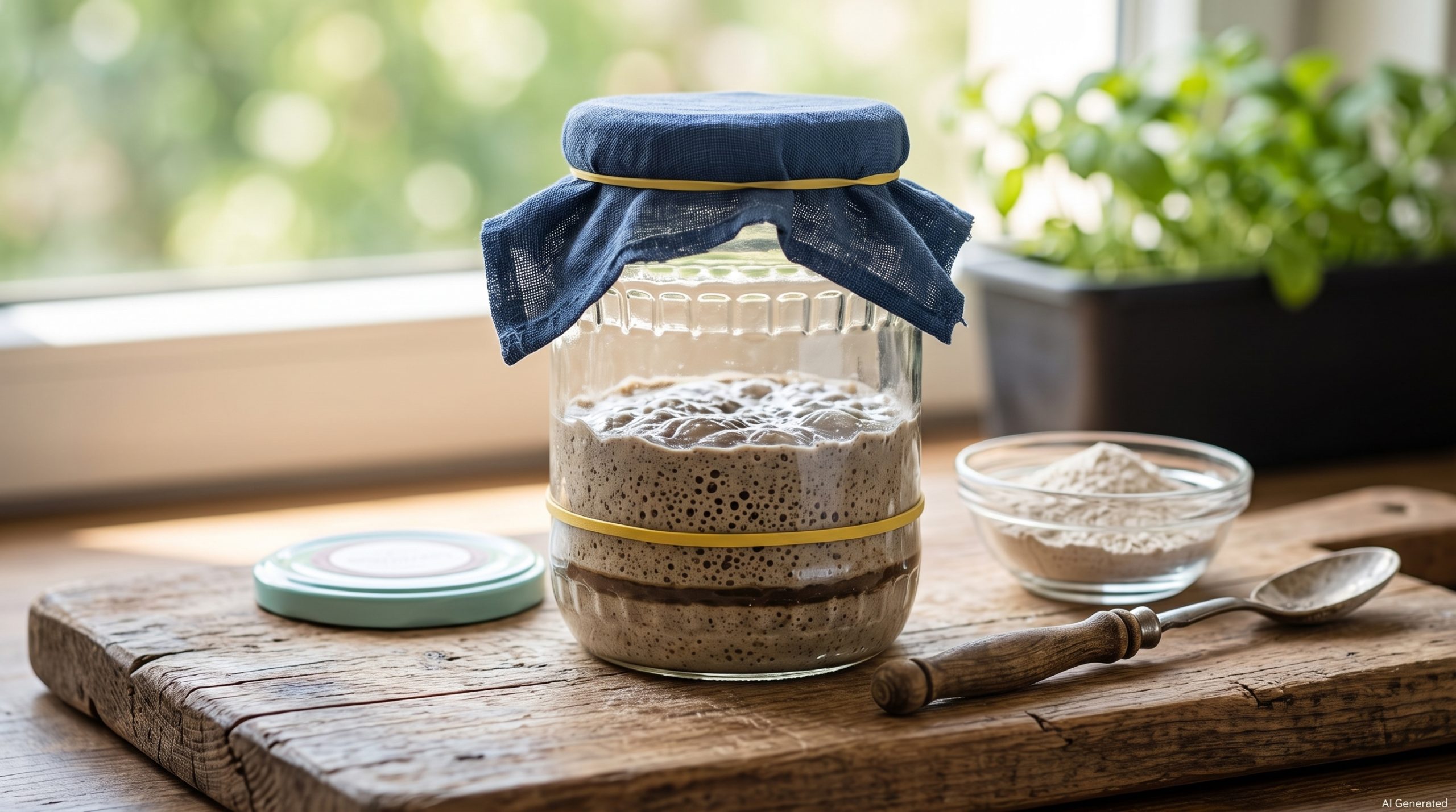 Ein Glas mit selbst angesetztem Roggensauerteig, der aktiv blubbert - ideal zum Sauerteig ansetzen.